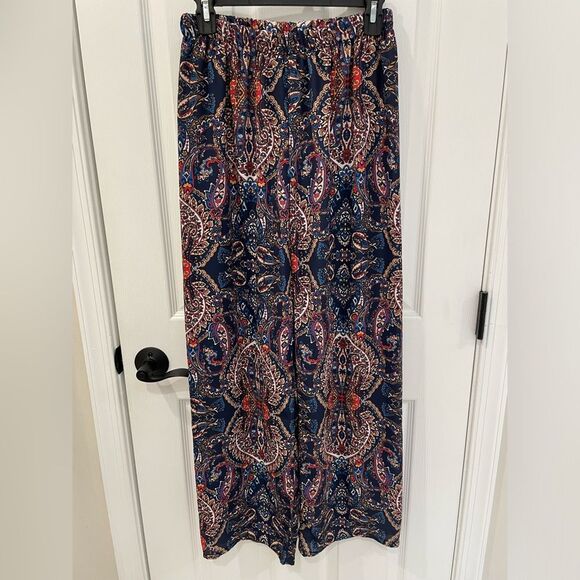 Navy Blue Red Indian Paisley Pattern Wide Palazzo Pants Women’s Size M - Picture 1 of 5